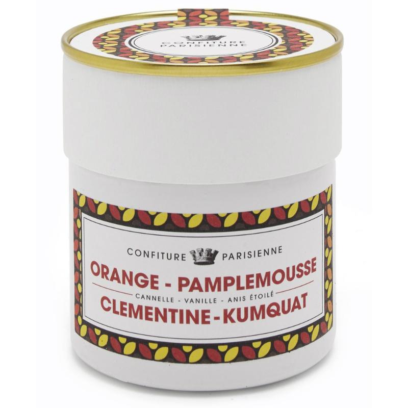 Four citrus fruit: orange, grapefruit, clementine, and kumquat