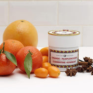 Four citrus fruit: orange, grapefruit, clementine, and kumquat